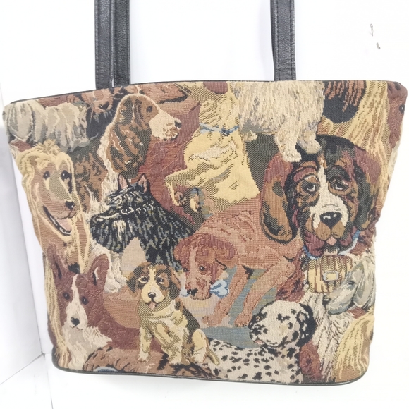 Woven Tapestry Tote Shoulder Bag Genuine Leather Trim Dog Pattern Weekend - Picture 2 of 8
